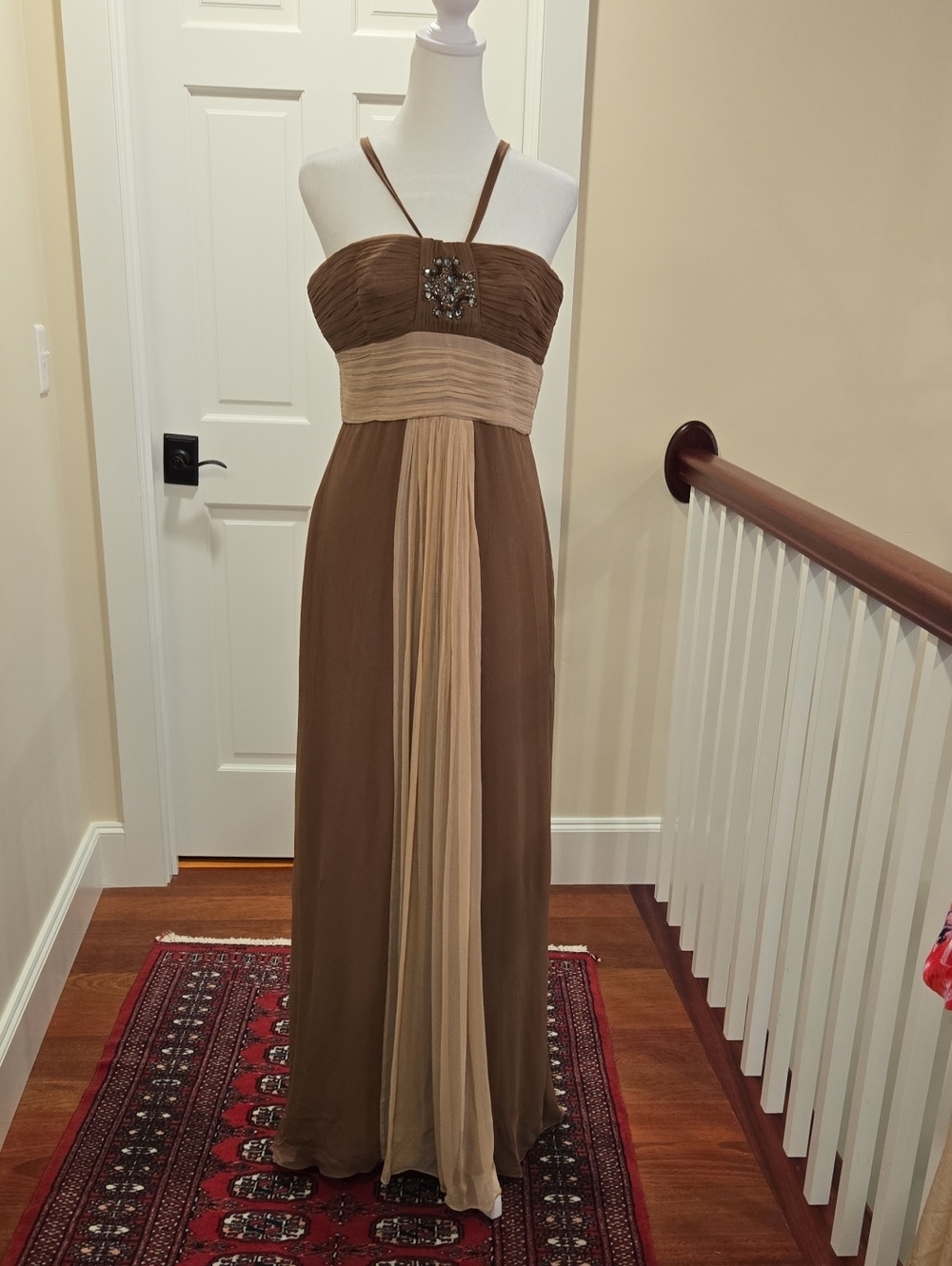 BCBGMaxAzria Brown and Beige Strapless Maxi Dress with Jewel Accent
